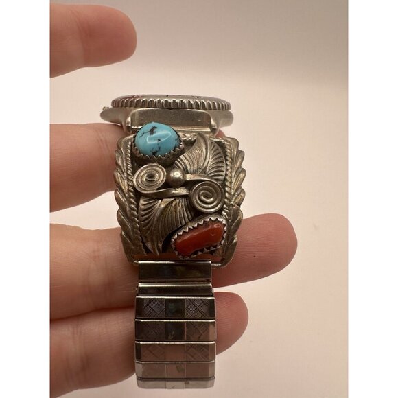 Vintage Mens Watch with Navajo Made Sterling Silver Turquoise Coral Watch Tips - Picture 8 of 11
